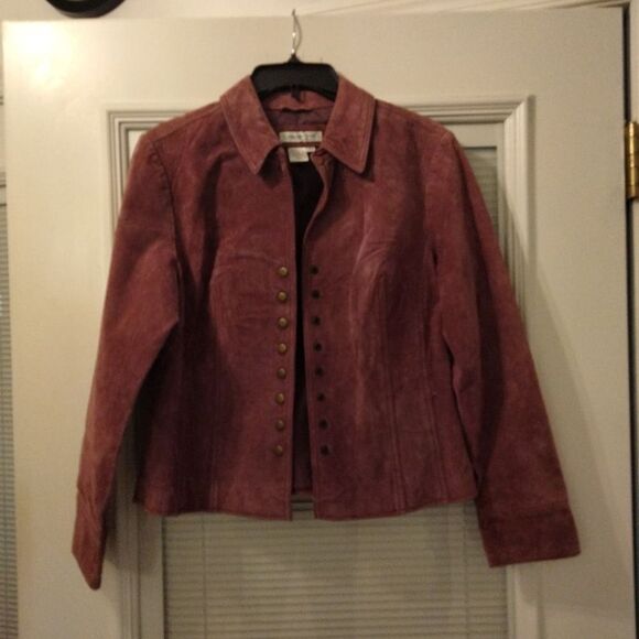 Purple suede leather jacket copper snap button up front.